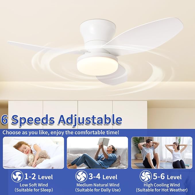 Small Ceiling Fan with Lights, 32 Inch Flush Mount with Remote Control, Reversible Quiet DC Motor, White, 3 Blades, 6 Speeds, Dimmable LED, Adjustable Color Temperature, Timer