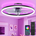 VOLISUN RGB Ceiling Fan with Lights and Remote, 23.6in Low Profile Ceiling Fan Flush Mount, 3000K-6500K Dimmable Fandelier LED Fan Light, Black Bladeless Ceilings Fans for Bedroom