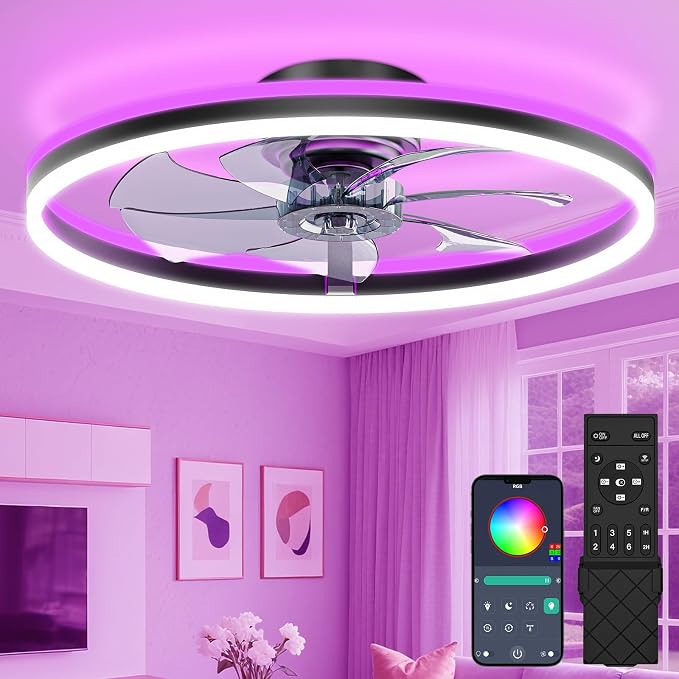 VOLISUN RGB Ceiling Fan with Lights and Remote, 23.6in Low Profile Ceiling Fan Flush Mount, 3000K-6500K Dimmable Fandelier LED Fan Light, Black Bladeless Ceilings Fans for Bedroom