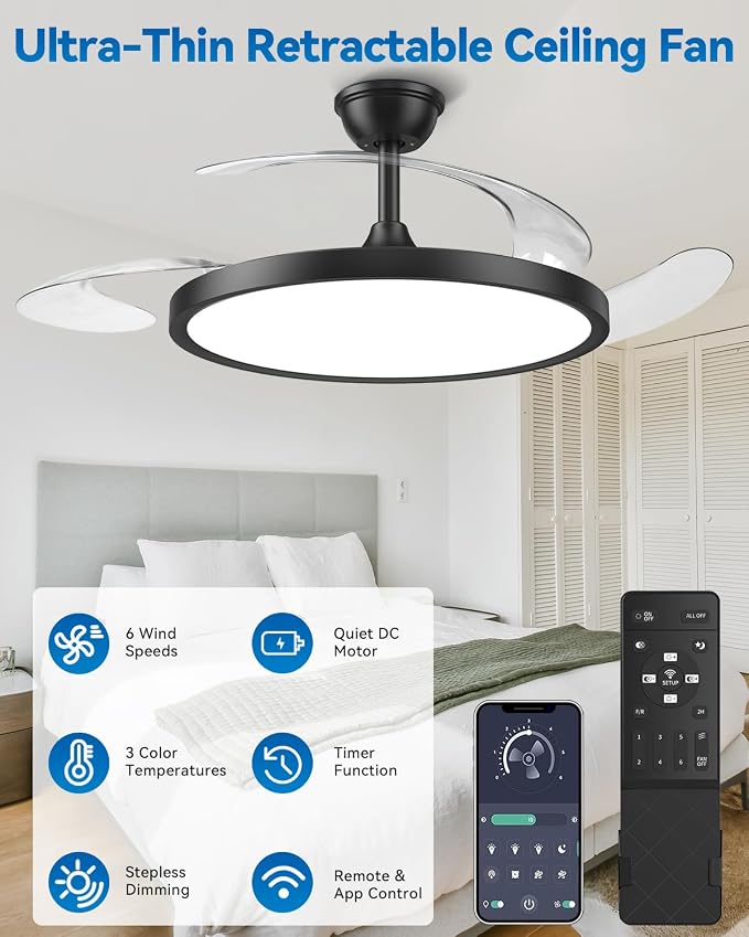 【Slim】48" Retractable Ceiling Fans with Lights, Large Fandelier Ceiling Fan with Light and Remote, Reversible, 3 CCT, Dimmable, Modern Chandelier for Bedroom, Living Room, Dining Room (Black)