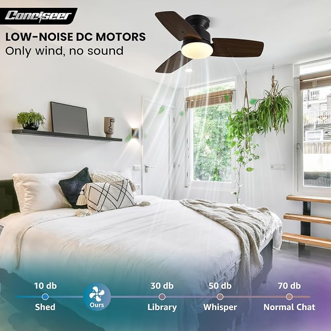 30 Inch Ceiling Fans with Lights and Remote, Bedroom Living Room Office, Flush Mount, 6CCT Dimmable, Dual Color 3 Blades 6 Speed Reversible Quiet DC Motor, Black/Wood Grain