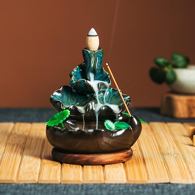 Cute Ceramic Backflow Incense Holder Waterfall Incense Burner with 48 Incense Cones and 30 Incense Stick, Incense Fountain for Home Decor, Desk Decor(Cyan)