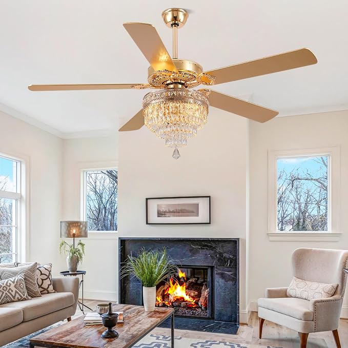 62"Golden Crystal Chandelier Ceiling Fans with Lights and Remote Control | Classical Design,6 Reversible Speeds,30W Quiet DC Motor,5 Wooden Blades,3*E12 LED Bulbs Included,for Living Room Bedroom