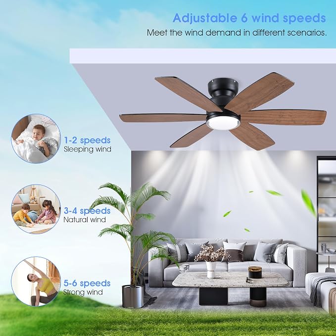 Kviflon 46" Rustic Ceiling Fans with Lights, Low Profile Flush Mount Ceiling Fan with Remote/APP Control, 6 Reversible Double-sided Blades, 3 CCT Dimmable LED Lights for Living Room Farmhouse, Brown