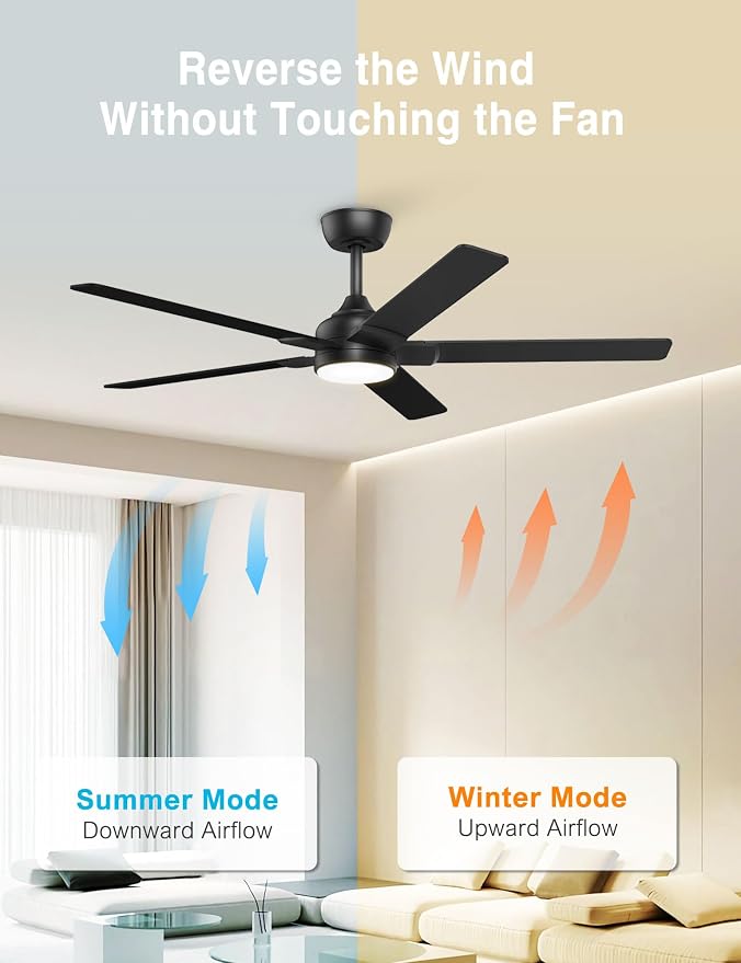 DAMINY 52 inch Black Ceiling Fans with Lights,5 Blades,3CCT, Low Profile,Remote Control,for Bedroom, Kitchen,Living Room,Indoor/Outdoor Use,Downrod