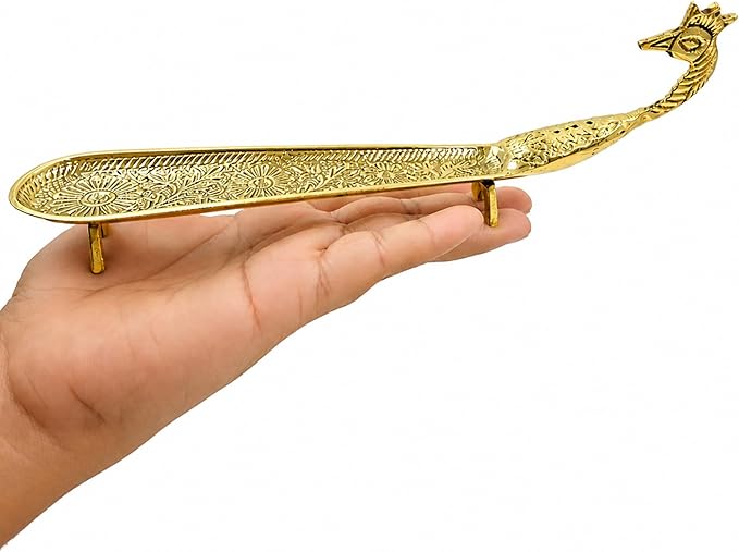 Putrika Brass Incense Stick Holder | Agarbatti Burner with Ash Catcher | Dhoop Batti Stand for Puja | Pooja Use – Peacock Engraved Design [24cm, 170g]