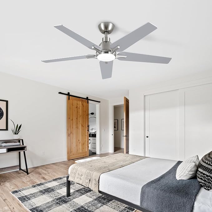 52 Inch Ceiling Fan with Light and Remote Cortrol, Brushed Nickel | 6-Speed Quiet Reversible DC Motor, 3CCT Dimmable 24W LED Light, 5 Wood Blades,Used for Bedroom, Living Room, Covered Patio