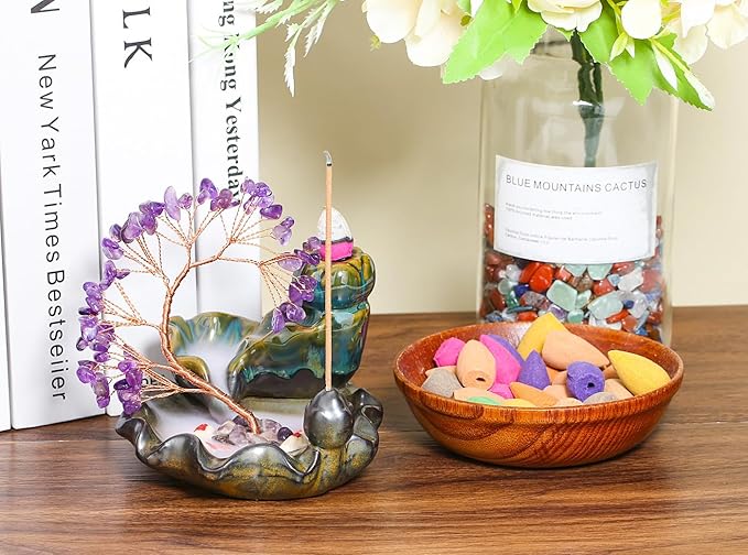 DUQGUHO Incense Holder Ceramic Backflow Incense Waterfall Burner Amethyst Crystal Tree with 30 Burner Incense Cones for Room Home Zen Decor Meditation