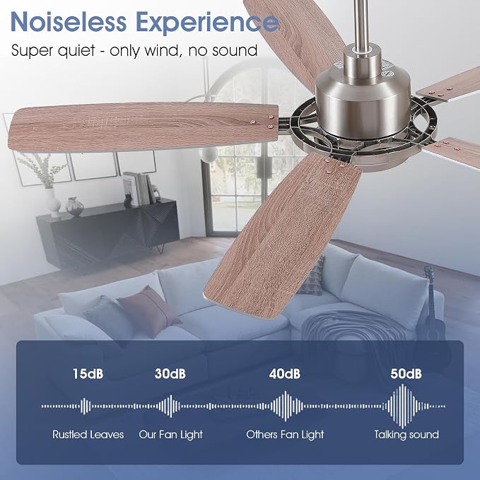 SHIHOT 54" Silver Ceiling Fans with Lights and Remote for Bedroom Kitchen | 6 Wind Speeds, Reversible, Dimmable 3 Light Colors LED Light, 30W Noiseless DC Motor,5 Double-Sided Blades,2H Timer