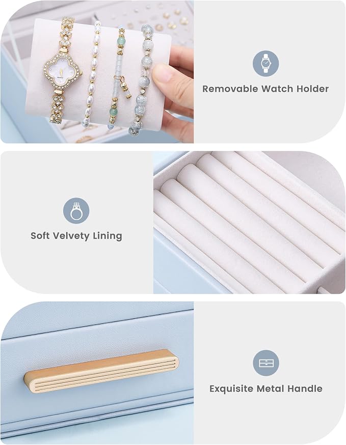 Lolalet 2-Layer Jewelry Box Organizer Holder for Women Girls Mom -Blue | Jewelry Storage Case with Drawers for Necklaces Ring Earrings Bracelet Watch, Gifts Choice for Mom Mother’s Day