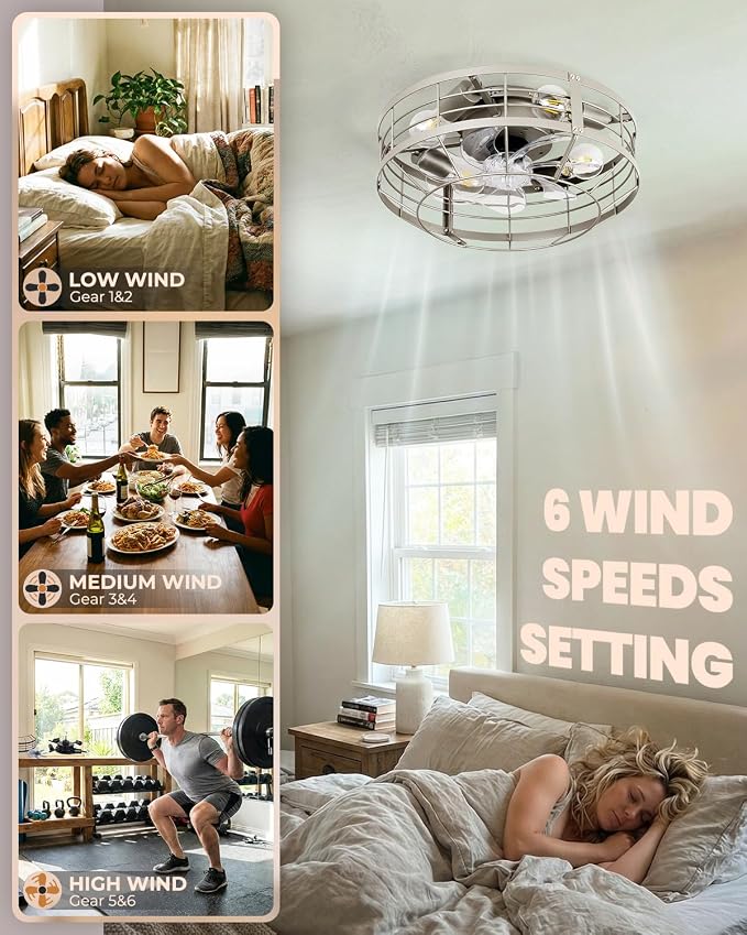 16 Inch Caged Ceiling Fan with Light, Farmhouse Round Flush Mount Fan Lights Ceiling Fixtures, Need Assembly, E26 Base 6 Speeds Reversible Motor Bladeless Ceiling Fans for Bedroom, Living Room, Silver