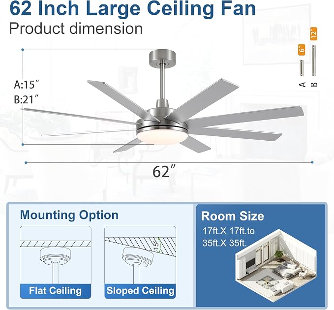 62 Inch Ceiling Fans with Lights and Remote Control, Brushed Nickel | Wooden Blades,Reversible Quiet DC Motor, 6-Speed, 3CCT Dimmable LED, Timer for Living Room, Bedroom, Office