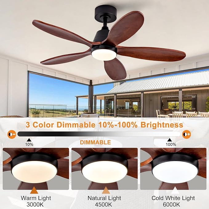 Ceiling Fans with Lights, 42 inch Ceiling Fan with Light and Remote Control, 3CCT, Dimmable, Reversible, Noiseless, Black Ceiling Fan for Bedroom, Living Room