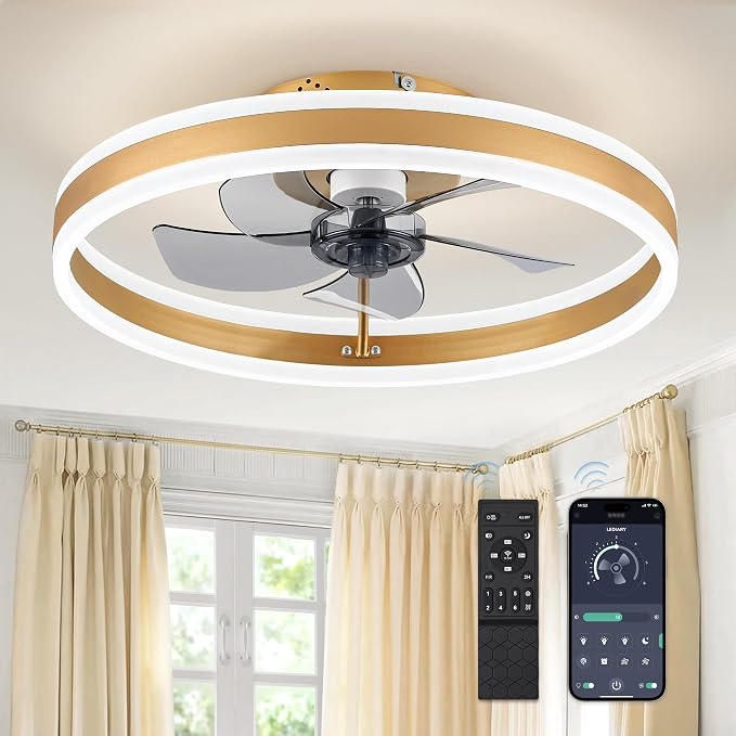 LEDIARY Low Profile Ceiling Fans with Lights, Flush Mount Modern Ceiling Fan and Remote Control, 19.7" LED Ceiling Fans, Stepless Dimmable 3 Colors and 6 Speeds - Gold