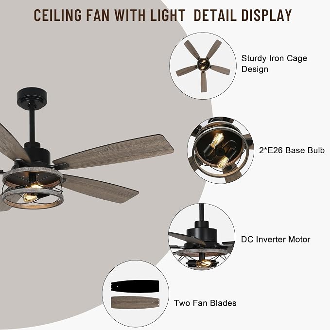 52'' Farmhouse Ceiling Fans with Lights and Remote Control | Reversible DC Motor,5 Double Colour Blades,Rustic Caged Chandelier Ceiling Fan with Light for Living Room,Dining Room,Bedroom