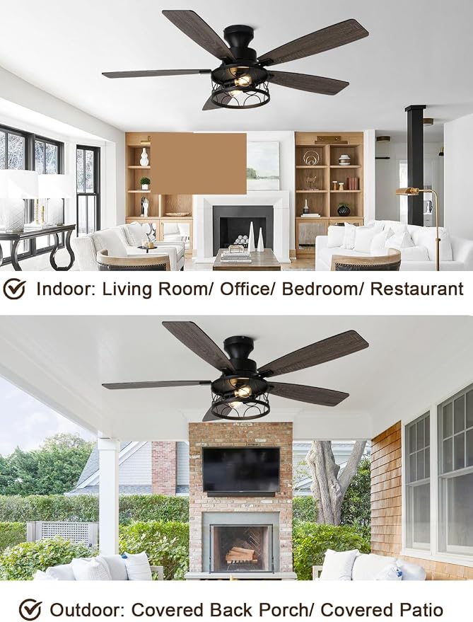 52 Inch Flush Mount Farmhouse Ceiling Fan with Lights and Remote | Rustic Fandelier Black Metal Caged Chandelier Fan, 5 Dual Blades, Reversible Quiet DC Motor 6 Speed, for Bedroom Living Room