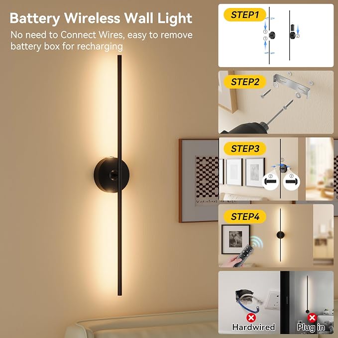 Ouyulong Battery Operated Wall Sconces Set of 2, 8000mAh Wireless Rechargeable 3000-6000K Dimmable 350° Rotate Wall Light with Remote for Living Room, Bedroom 31.6in Black