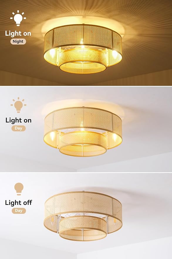 20'' Caged Ceiling Fans with Lights, Boho Flush Mount Ceiling Fan with Light, Rattan Bladeless with 6 Speeds, Low Profile Remote Control for Bedroom,Dining Room
