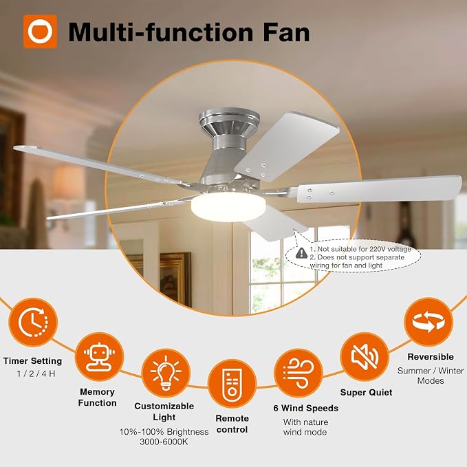 addlon 2 Pack Ceiling Fans with Lights, 48 inch Nickel Ceiling Fan with Light and Remote Control, Reversible, 3CCT, Dimmable, Noiseless, Ceiling Fan for Bedroom, Farmhouse, Indoor/Outdoor Use