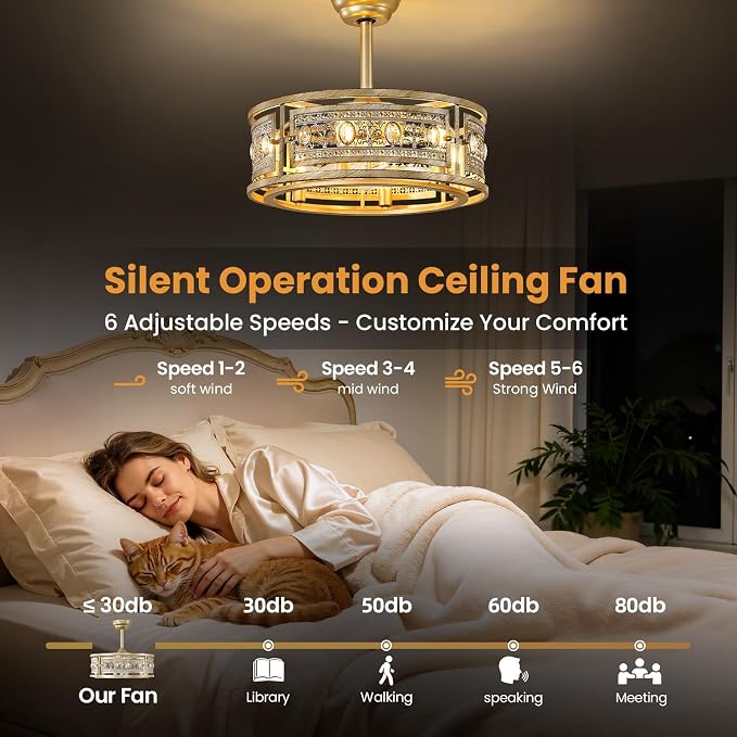 Caged Ceiling Fan with Light and Remote, 19" Vintage Crystal Fandelier, Gold Bladeless Ceiling Fan, Low Profile Ceiling Fan for Bedroom, Farmhouse Chandelier Fan for Living Room
