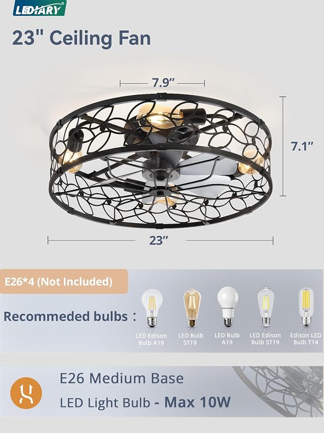 LEDIARY 23 Inch Caged Ceiling Fans with Lights, Black Flush Mount Ceiling Fan with Remote, Large Low Profile Bladeless Ceiling Fan Light Fixture for Bedroom, Kitchen, Dining Room