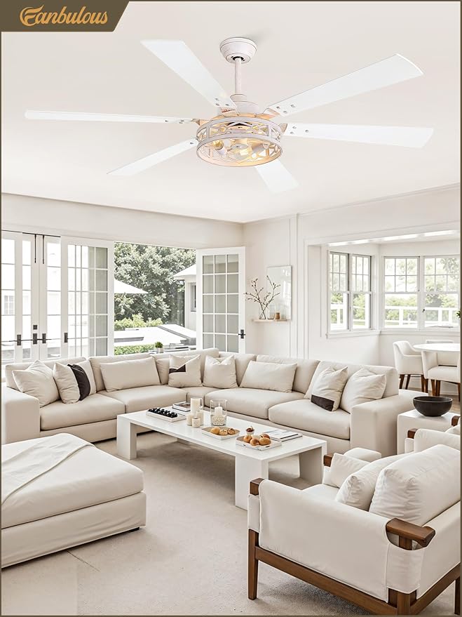 Fanbulous 65 Inch Ceiling Fan with Lights, Farmhouse Caged Ceiling Fans with Remote, White Industrial Ceiling Fans with Quiet Reversible DC Motor, Large Ceiling Fan for Living Room, Bedroom