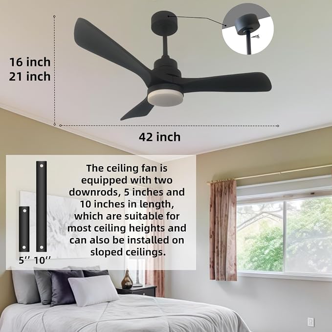 42-inch solid wood ceiling fan with light, black propeller ceiling fan, silent DC motor, suitable for bedrooms, living rooms, dining rooms, porches, indoor and outdoor use(Black, 42 inch)