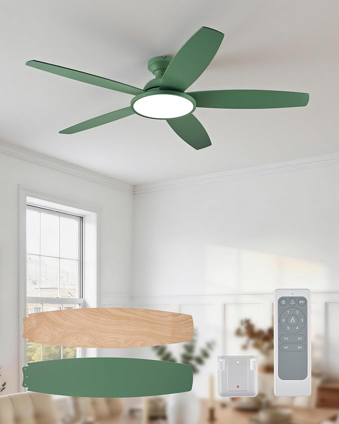 VONLUCE Ceiling Fans with Lights, 52 Inch Ceiling Fan and Remote, Full-spectrum LED Light, 3CCT, 6-Speeds Noiseless Reversible DC Motor, Modern Ceiling Fan for Farmhouse Bedroom Indoor, Green