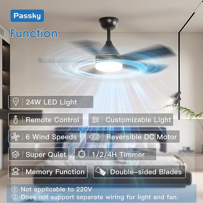 Passky Ceiling Fans with Lights, 42 inch Sleek Ceiling Fan with Light and Remote Control, 3CCT, Dimmable, Reversible, Noiseless, Black Ceiling Fan for Bedroom, Living Room