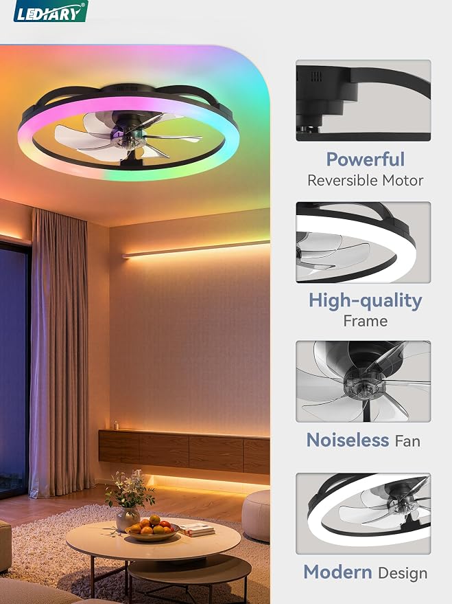 LEDIARY RGB 23" Ceiling Fans with Lights and Remote for Bedroom, Black | Low Profile Flush Mount Fan Light, Dimmable Modern Ceiling Fan(3000K-6000K), 6 Speed, Reversible, APP & Remote Control
