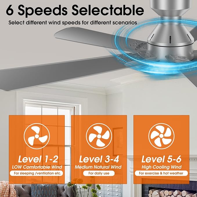 Ceiling Fans with Lights, 52 inch Low Profile Ceiling Fan with Light, Remote/App Control, Flush Mount Modern Ceiling Fan for Bedroom, Indoor/Outdoor (Silver)