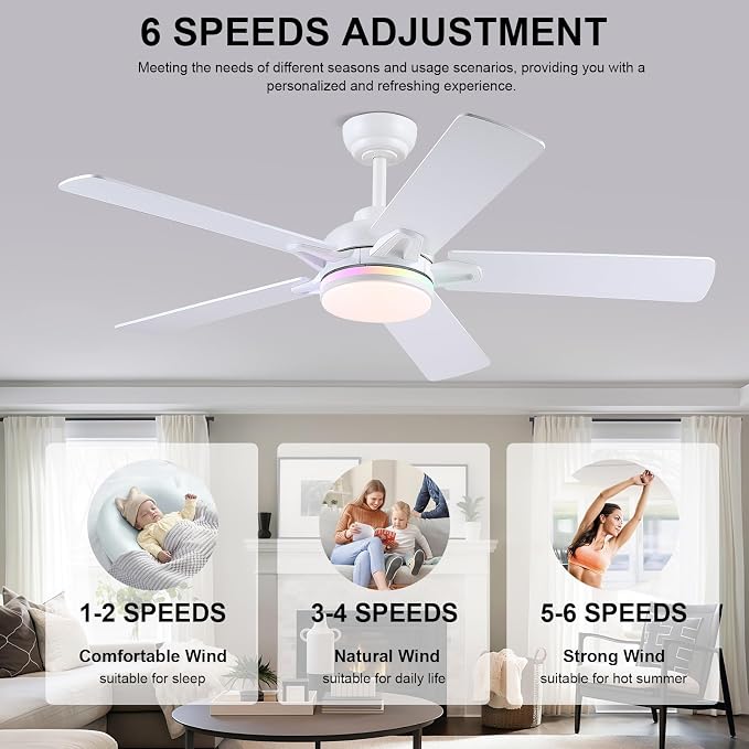 Kviflon 52 Inch Ceiling Fans with Lights, Modern RGB Ceiling Fans, White Ceiling Fan with Light for Bedroom Living Room, Remote/APP Control, Reversible Quiet DC Motor, Dimmable LED, Wooden Blades