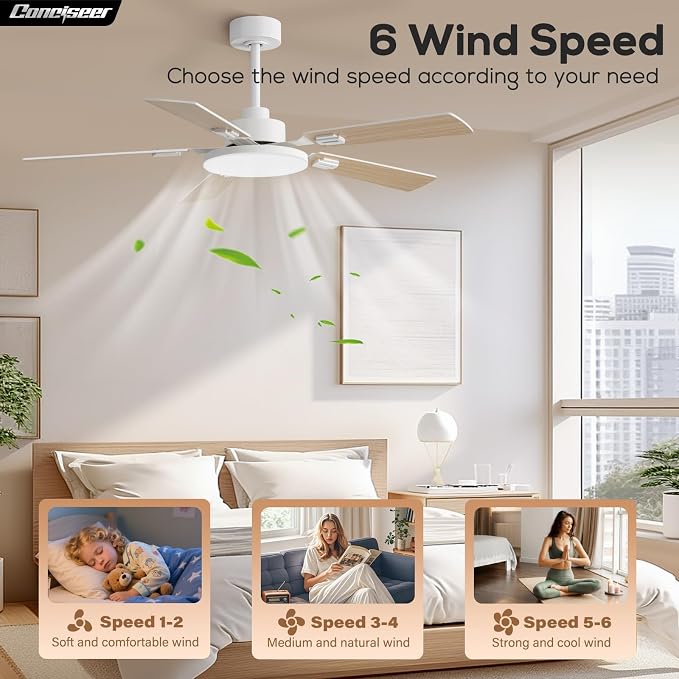 Conciseer 52 Inch Ceiling Fans with Lights and Remote for Bedroom Living Room Kitchen Office, Indoor/Outdoor Use, 6CCT Dimmable, 5 Blades, 6 Speed Reversible Quiet DC Motor, White/Wood Grain