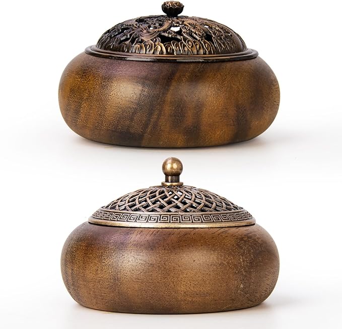 2 Pack Incense Cone Holder, Wooden Incense Burner with Brass Cover, Bakhoor Burners for Sticks Coil, Frankincense Room Home Decor Yoga Spa Meditation (R)