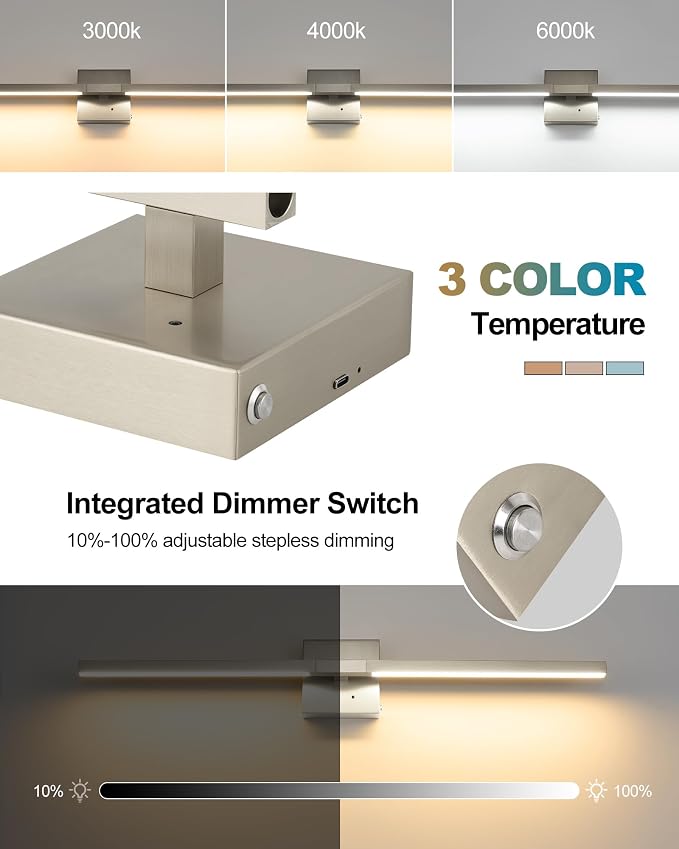 Rayogale Nickel Battery Operated Wall Sconce with Remote Control 32 Inch | 3000/4500/6000K Dimmable 8000mAh Wireless Rechargeable Wall Sconces Set of Two with Timer for Living Room, Bedroom, TV