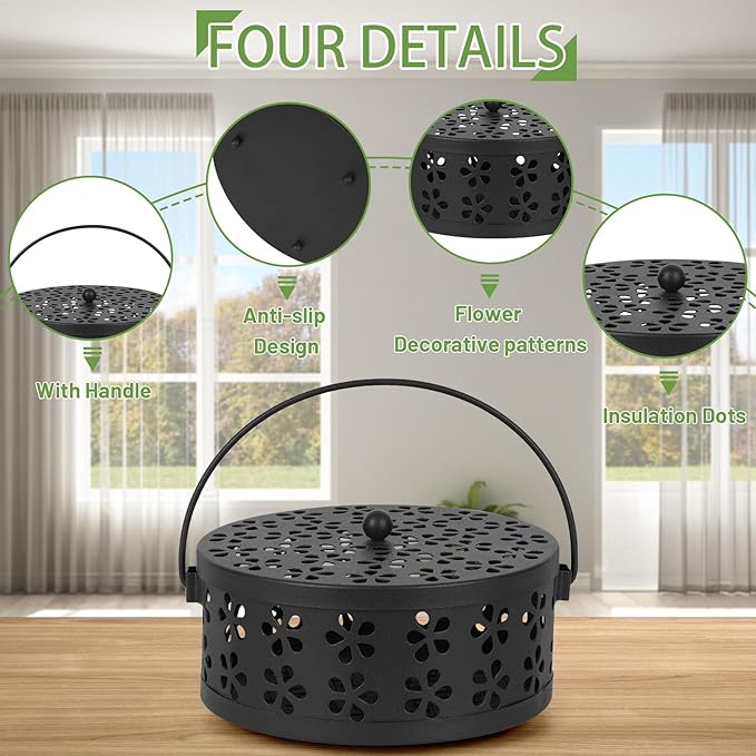 Portable Iron Mosquito Coil Holder with Handle Round Heat-Resistant Incense Holder (2 Pack Black)