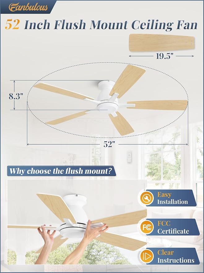 Fanbulous 52 Inch Flush Mount Ceiling Fan No Light with Remote, White | Modern Low Profile Without Light, 6-Speed, Quiet Reversible DC Motor, Indoor/Outdoor Use, for Bedroom, Living Room, Patio