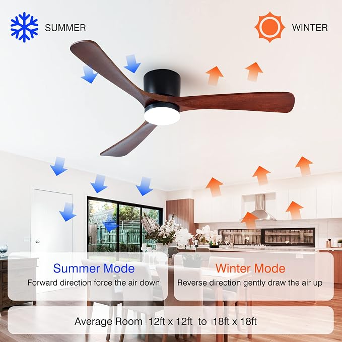52" Flush Mount Ceiling Fan with Lights Remote Control, 3 Blades Wood Ceiling Fans, Quiet Reversible DC Motor, 6-Speed, Timer, Modern Ceilingfans for Low Profile, Walnut and Matte Black