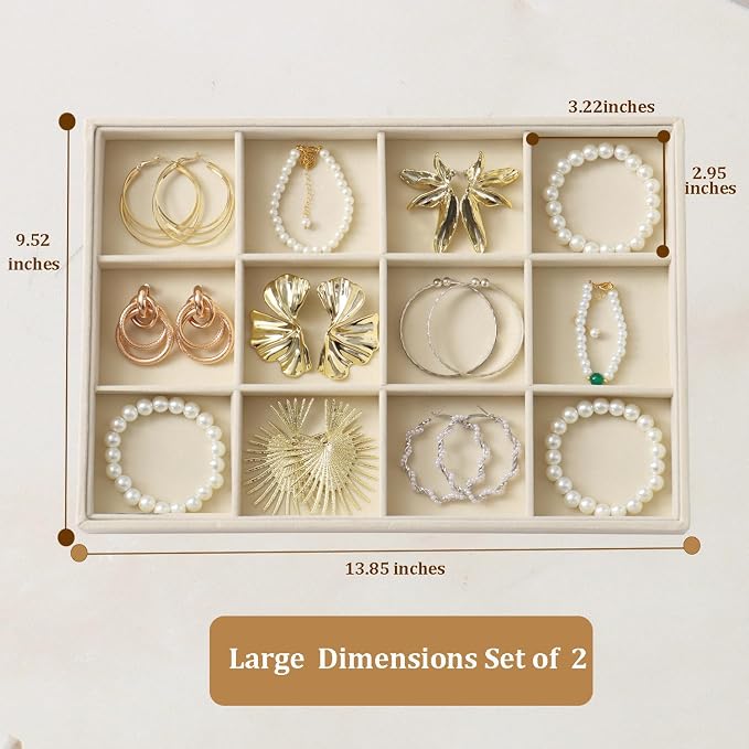 Large Velvet Jewelry Tray Display Drawer Inserts 2 Pack | Stackable Jewelry Organizer for Earring Bracelet Necklace Ring (Beige, 12 Grids)