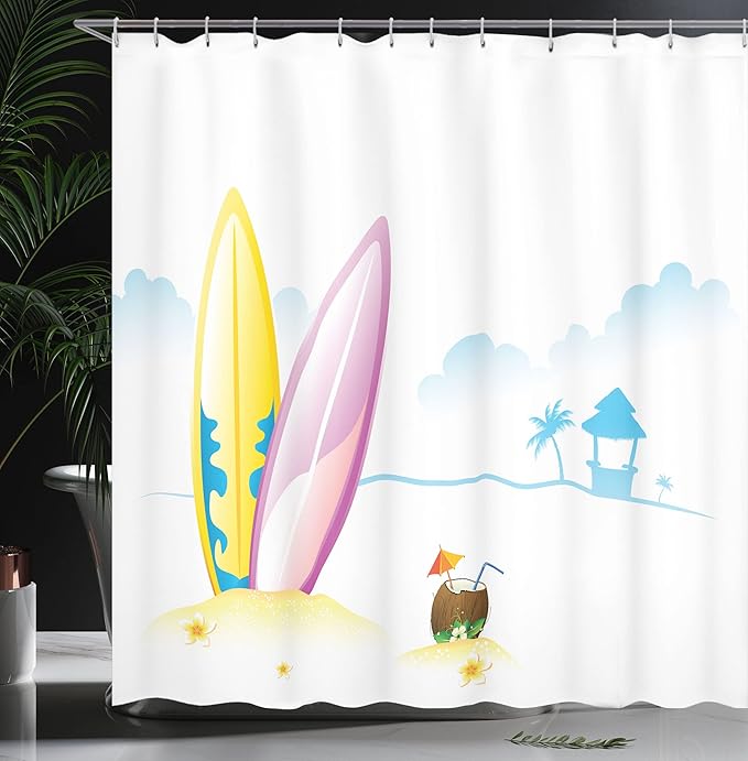Ambesonne Surfboard Shower Curtain, Illustration of Surfing Board with Tender Coconut on Sea Beach Bungalow Horizon, Cloth Fabric Bathroom Decor Set with Hooks, 69" W x 75" L, Aqua Yellow