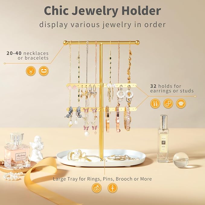 Saydear 3-Tier Jewelry Organizer Stand, Earring Holder Necklace Tree | Gold Metal Earring Rails With Top Necklace Bar, White Oval Tray Base, Ideal Vanity Dresser Decor, Gift For Her