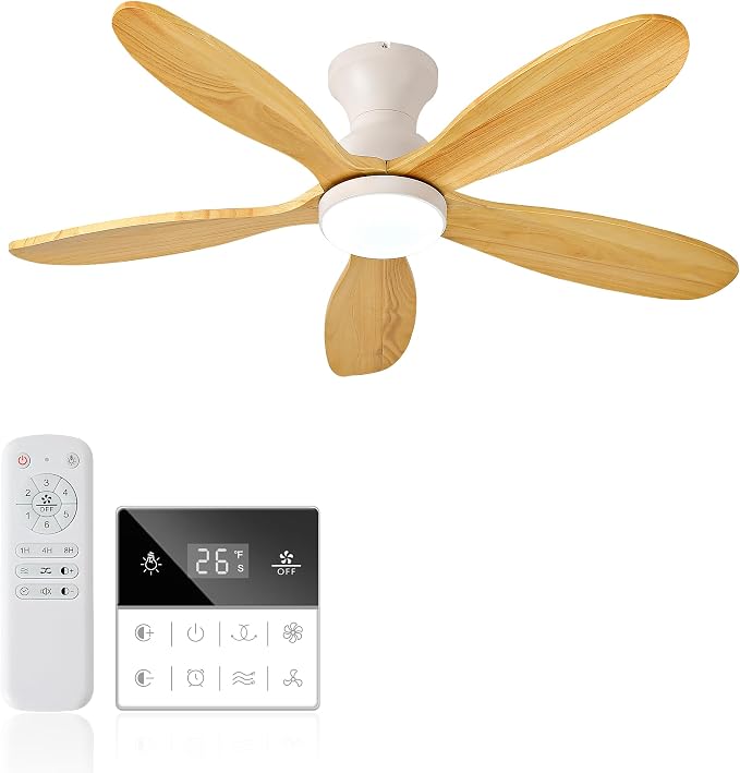 42-Inch Ceiling Fan with Lights, Remote Control, Flush Mount, Dimmable, Reversible, Wood Blades, Power-Off Memory, Quiet DC Motor – Modern Hugger Ceiling Fan for Living Room, Bedroom, Patio