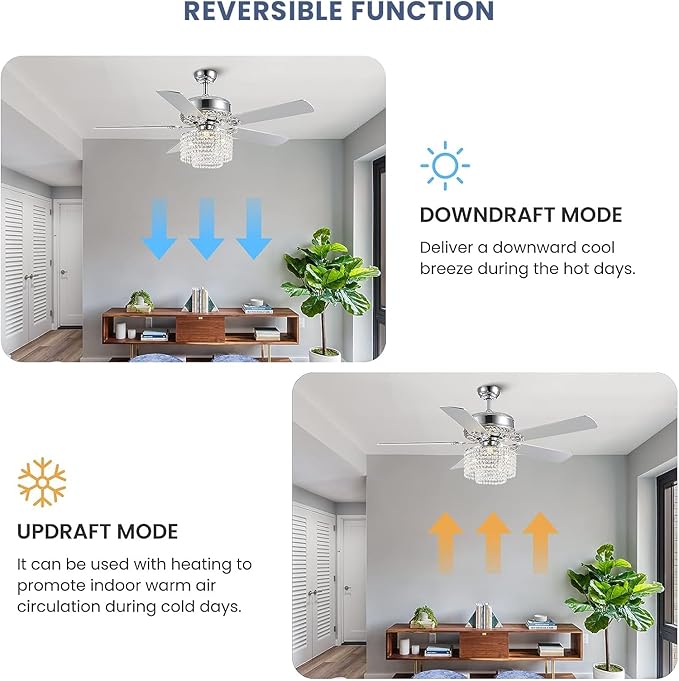 52 Inch Crystal Ceiling Fan with Light and Remote Control, Modern Chandelier Fan with 5 Reversible Wood Blades Chrome Fandelier for Living Room Bedroom (Fine line Crystal-Ceiling Fan)