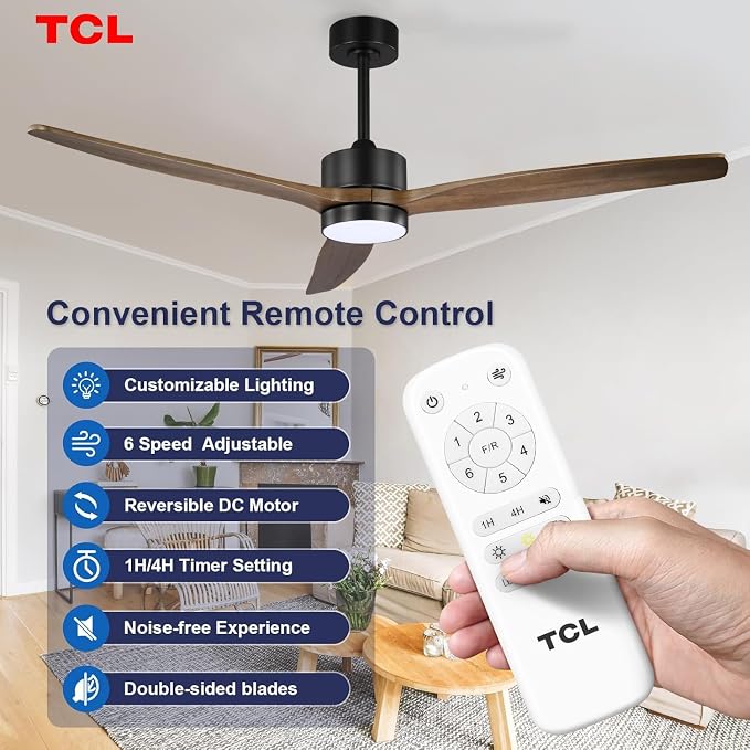 TCL Ceiling Fans with Light and Remote: 60 inch 3 Wooden Blades 3 Dimmable LED Fan for Room Indoor Modern Farmhouse Decor - 6 Speed Memory DC Reversible Fan Lights (Brown, 60 Inch)