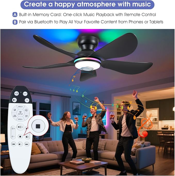 Kviflon 46" Ceiling Fans with RGB Lights Remote/APP Control, Low Profile, 3 CCT Dimmable White Lights+RGB Ring Lights+Music Player, 5 Reversible Plastic Blades 6 Speeds for Kidsroom, Black