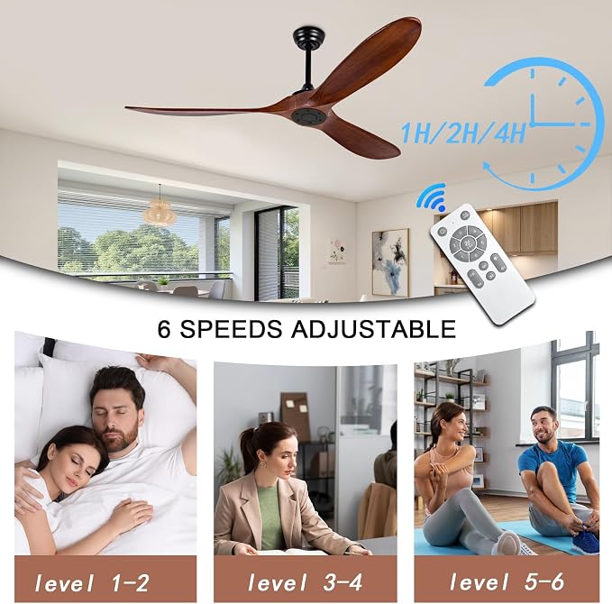 60" Ceiling Fan [No Light with Remote Control], Indoor Outdoor Ceiling Fan [with 3 Wooden Blades] for Patio, Living Room, Bedroom, Office, Farmhouse. Black + Walnut Color.