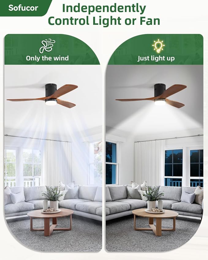 Sofucor 52 Inch Ceiling Fans with Lights and Remote, Low Profile Flush Mount Solid Wood Modern Outdoor Ceiling Fan for Bedroom/Living Room/Patio/Farmhouse, Quiet Reversible DC Motor, Dimmable LED