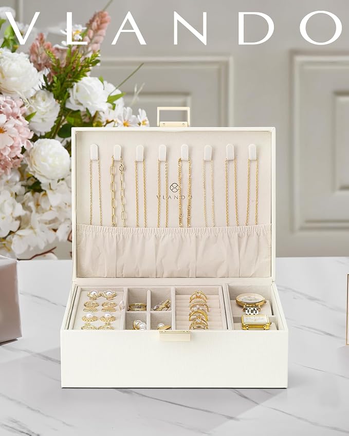 VLANDO Jewelry Organizer,2 Layer Jewelry Box Large Jewelry Organizer for Mothers Day Mom Gifts Women Removable Jewelery Tray with Watch Pillow for Necklace Earrings Rings Bracelets(Cream White)