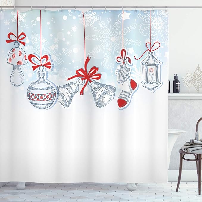 Ambesonne Christmas Shower Curtain, Retro Style Famous Socks for and Candy Bells and Snowflake Graphic, Cloth Fabric Bathroom Decor Set with Hooks, 69" W x 84" L, White and Orange