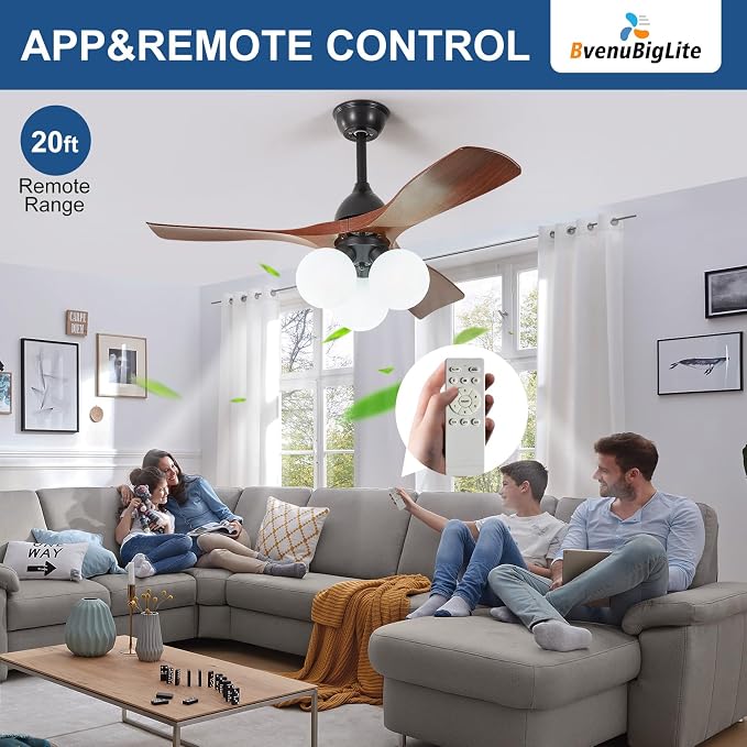 Ceiling Fans with Lights and Remote: 42-Inch Ceiling Fan 3 Blades Bubble Low Profile Outdoor - Walnut Ceiling Fans with Remote Control Quiet Reversible DC Motor for Living Room